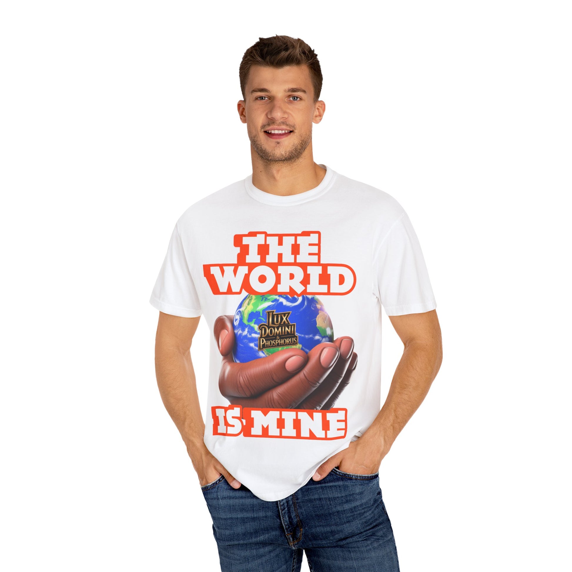 Unisex T-shirt Lux Domini and Phosphoros The World is Mine Design