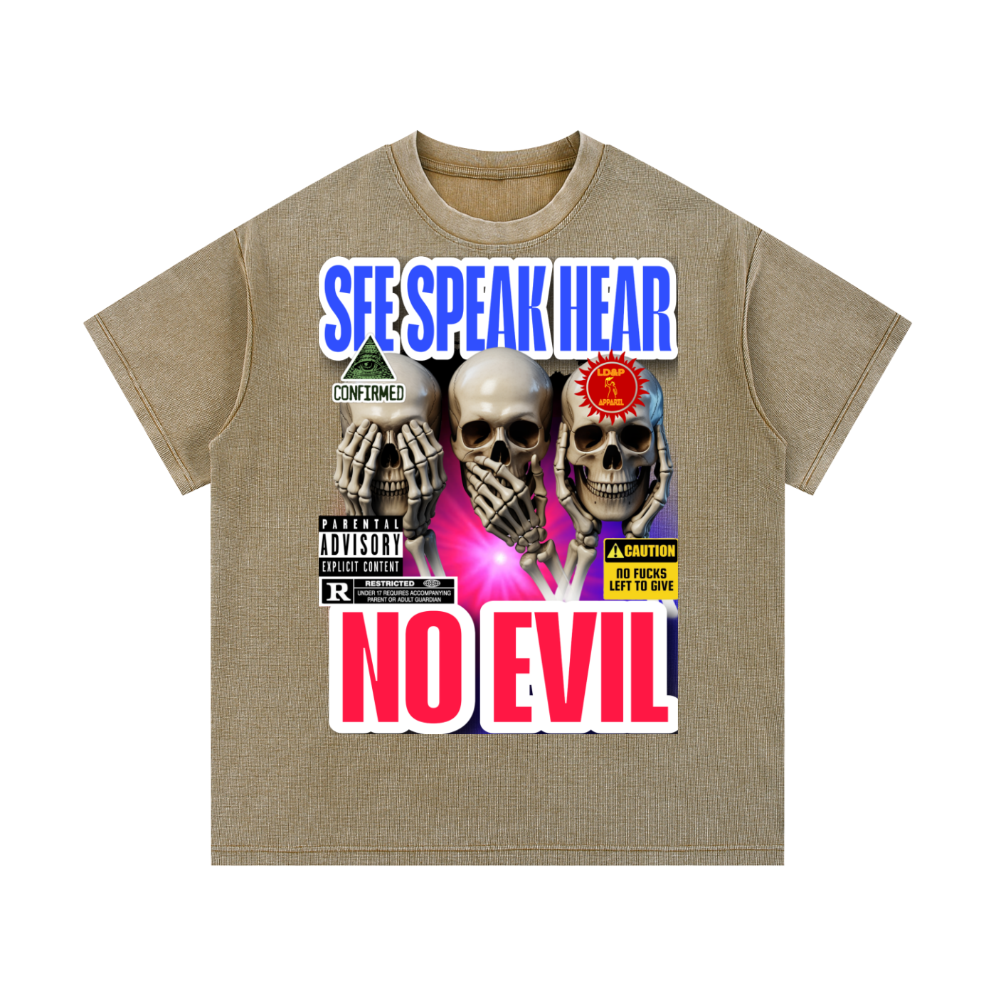 Mineral Wash Waffle Knit T-Shirt SEE SPEAK HEAR NO EVIL LD&P APPAREL