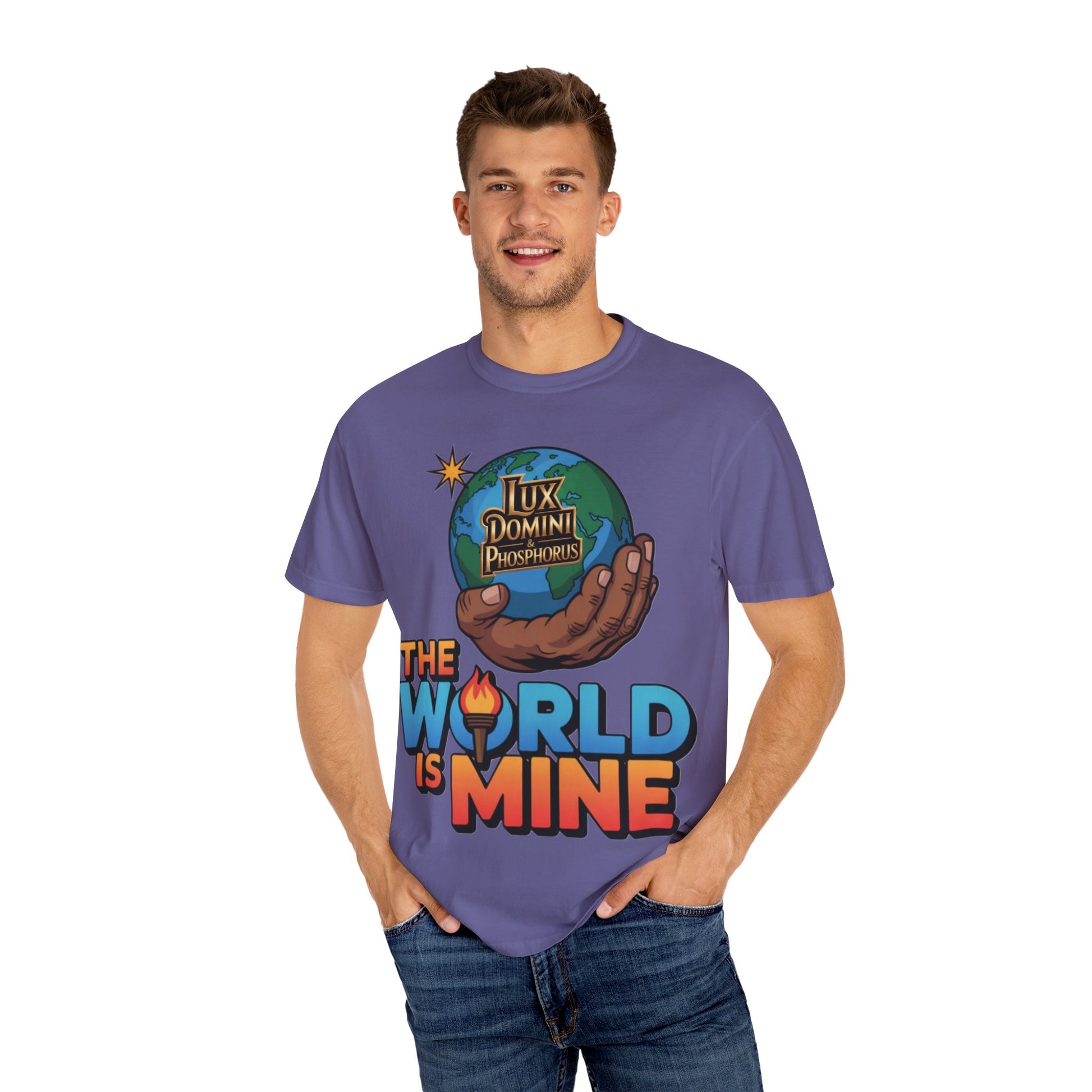 Unisex T-shirt Lux Domini and Phosphoros The World is Mine Design