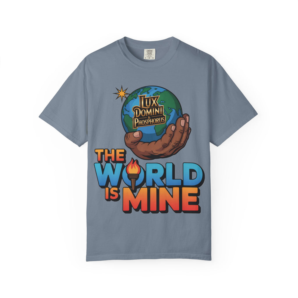 Unisex T-shirt Lux Domini and Phosphoros The World is Mine Design
