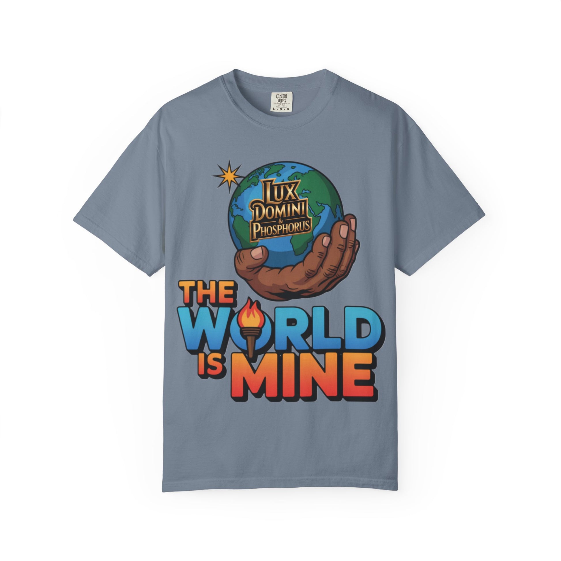 Unisex T-shirt Lux Domini and Phosphoros The World is Mine Design