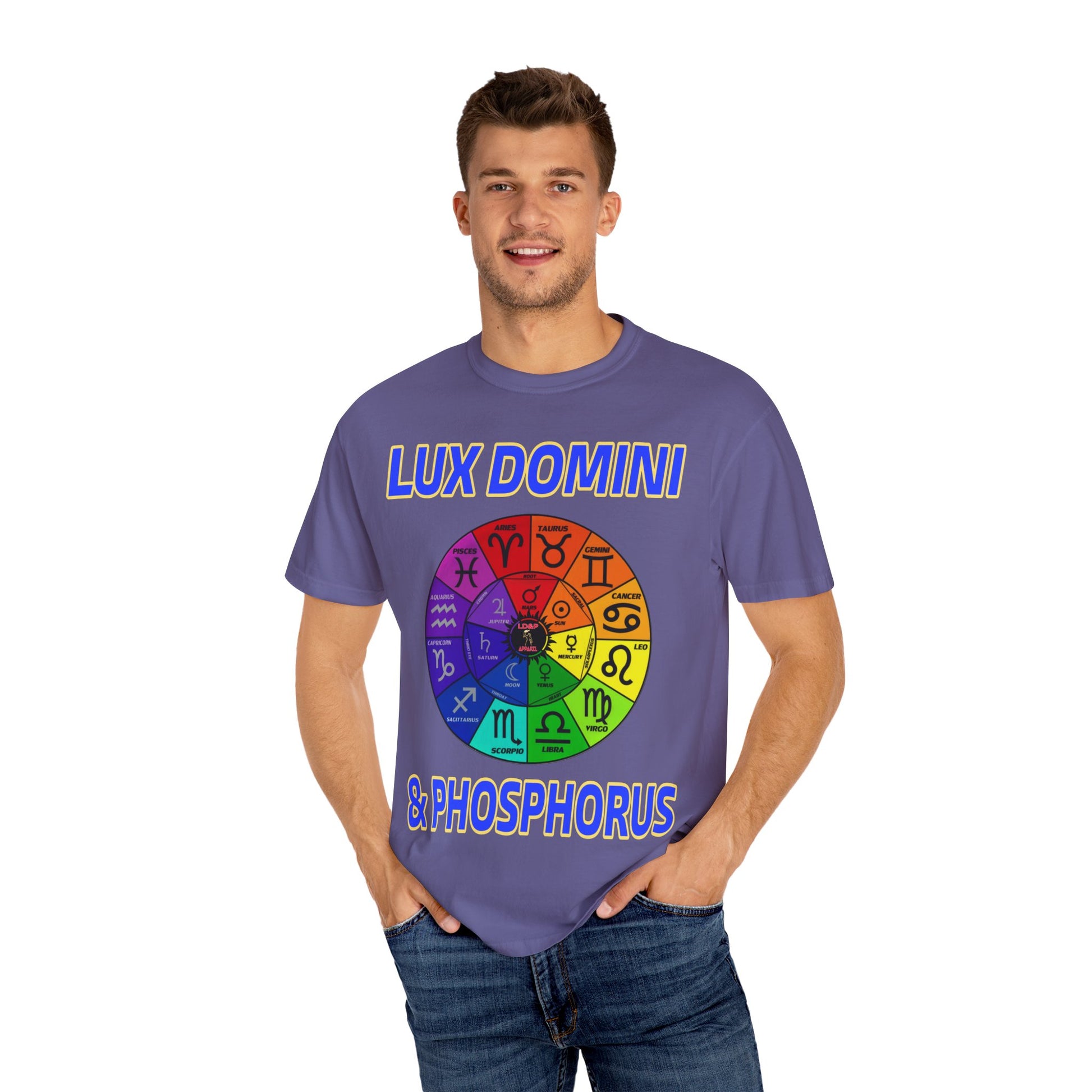 Unisex T-shirt Lux Domini and Phosphorus Zodiac Wheel Design