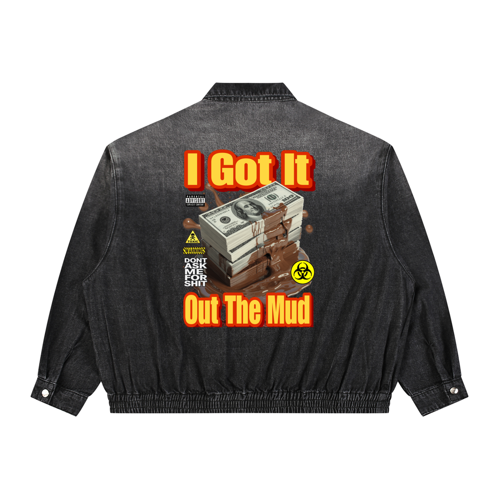 Unisex Vintage Wash Full-Zip Denim Jacket I got it out the mud LD&P APPAREL