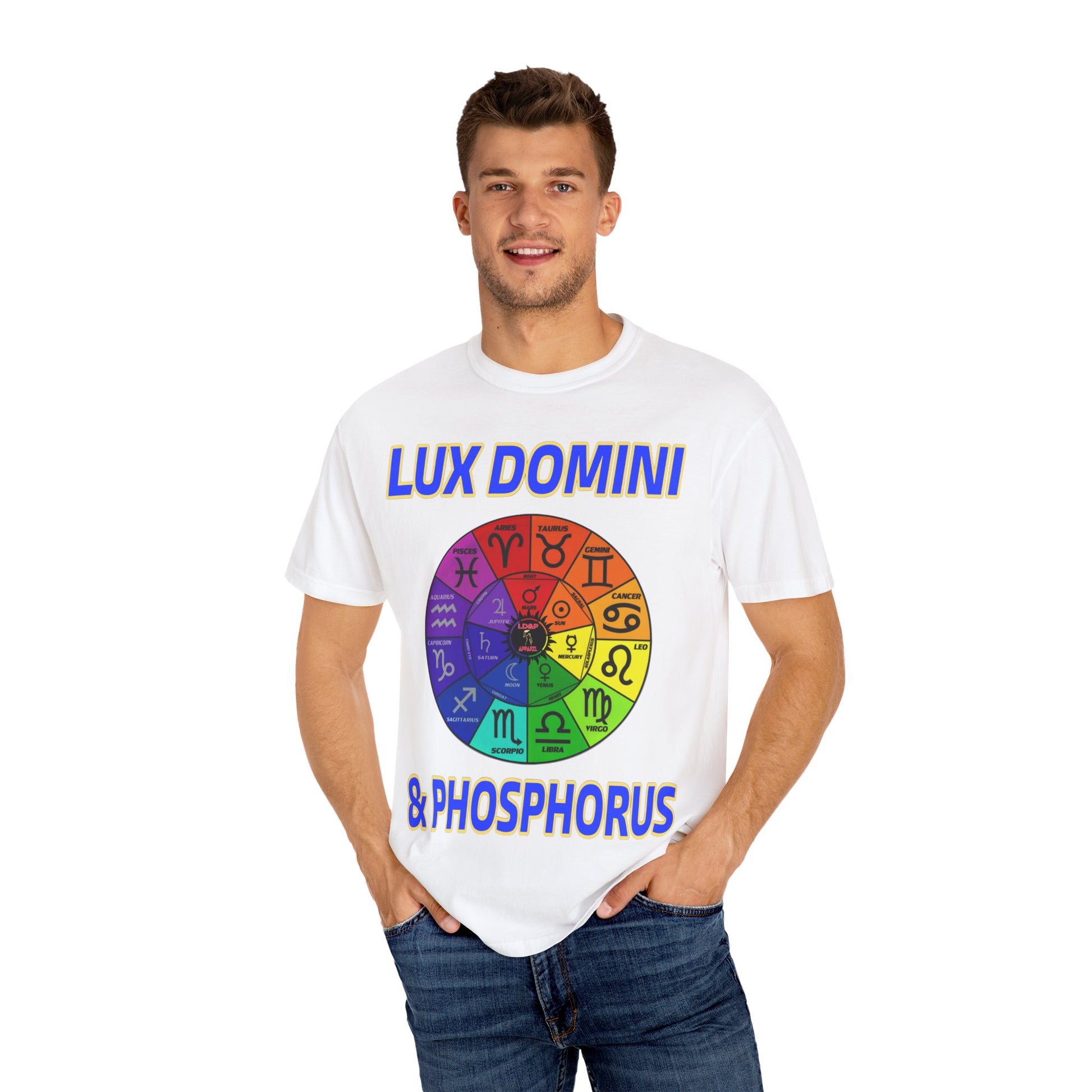 Unisex T-shirt Lux Domini and Phosphorus Zodiac Wheel Design