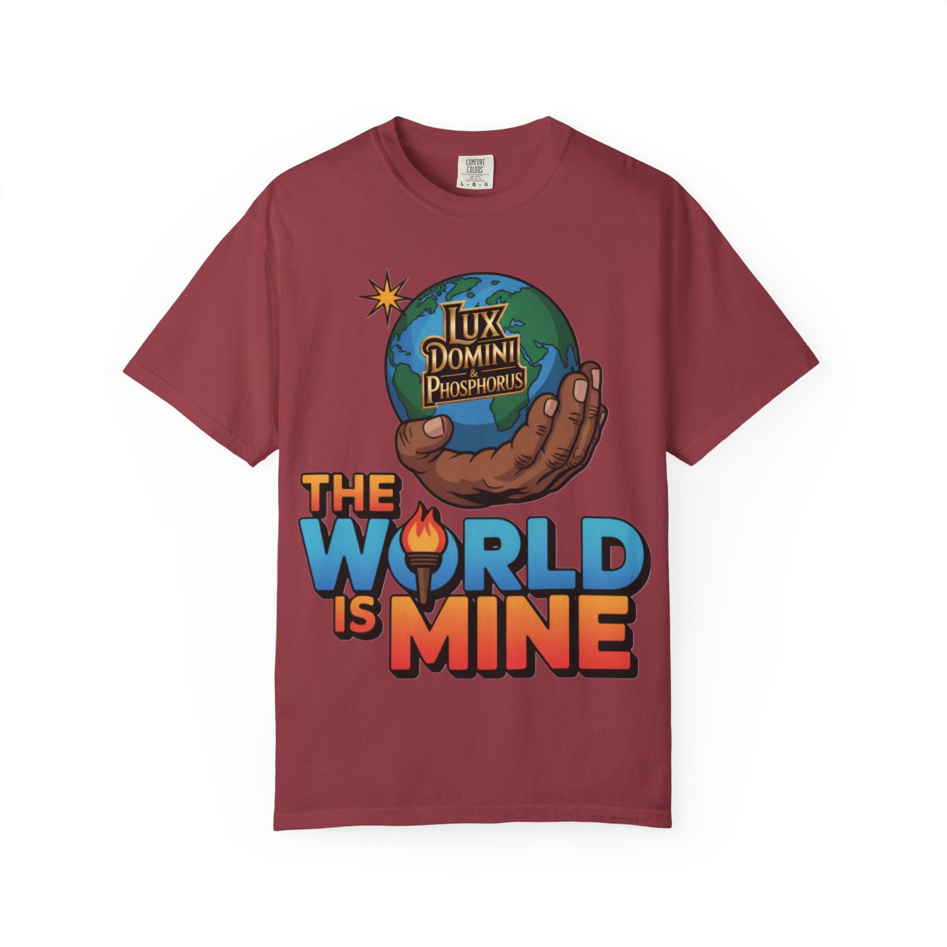 Unisex T-shirt Lux Domini and Phosphoros The World is Mine Design