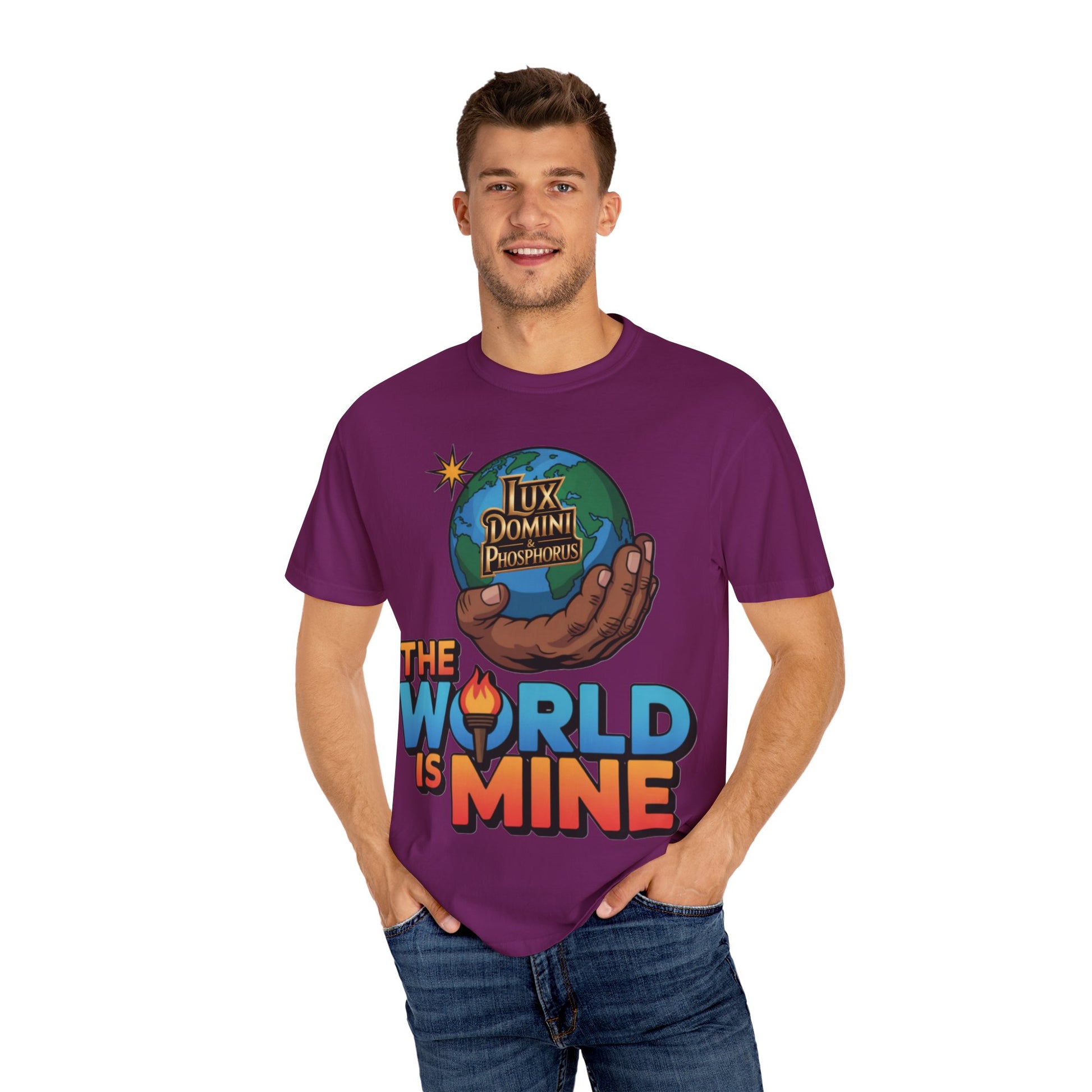 Unisex T-shirt Lux Domini and Phosphoros The World is Mine Design