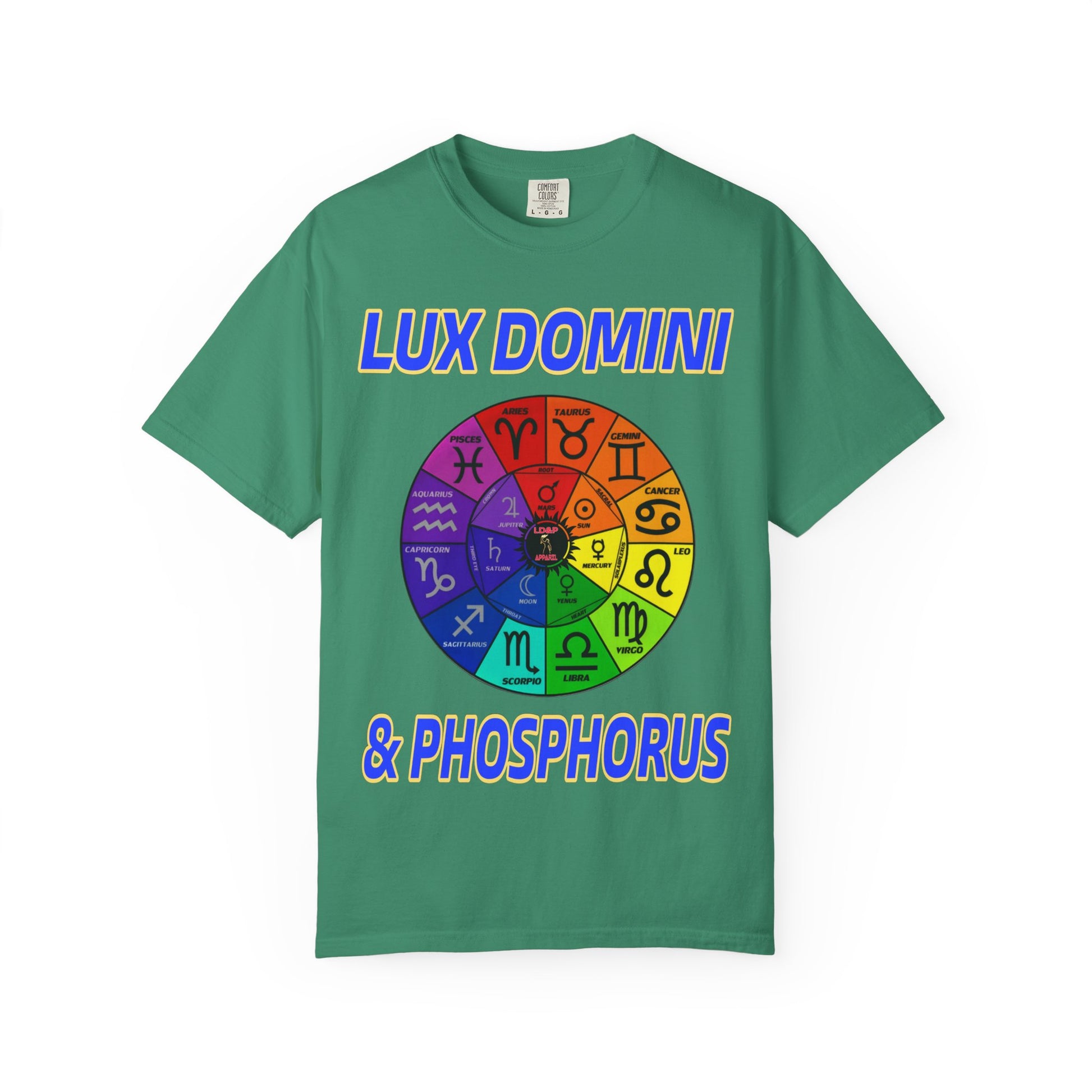 Unisex T-shirt Lux Domini and Phosphorus Zodiac Wheel Design