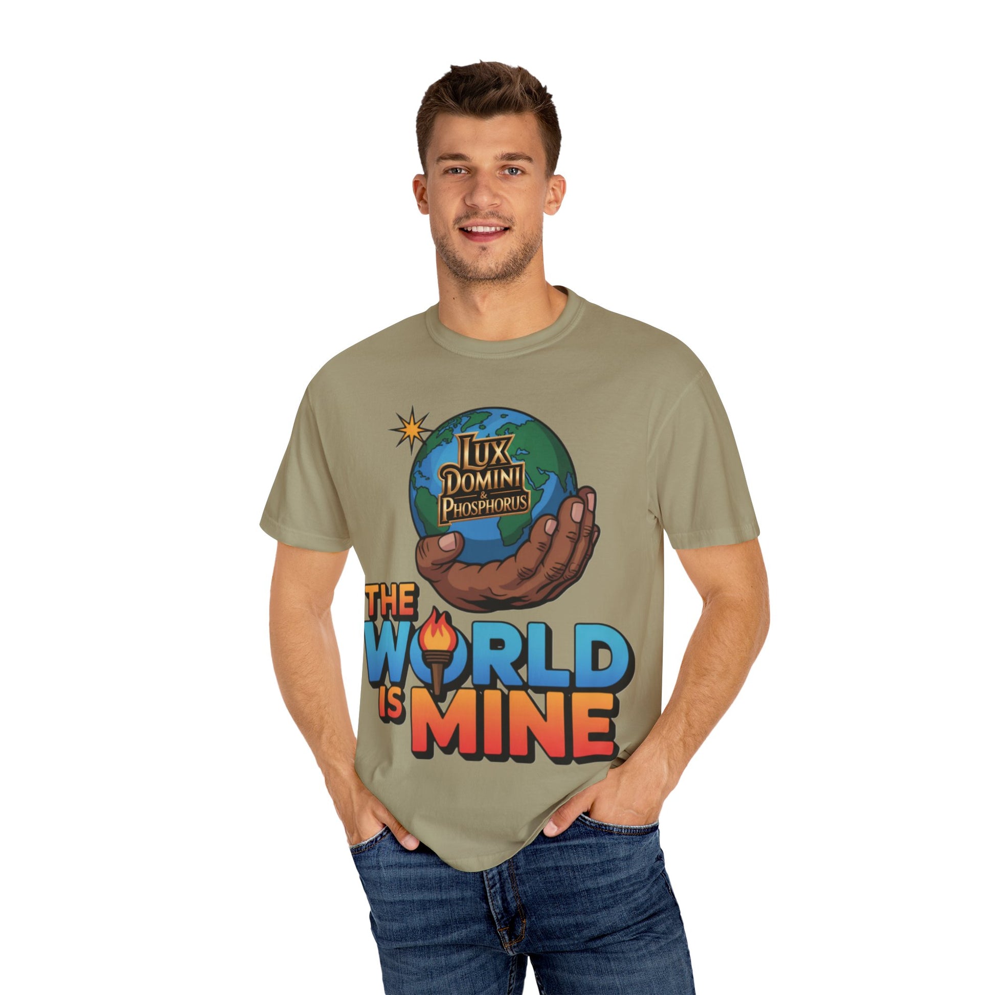 Unisex T-shirt Lux Domini and Phosphoros The World is Mine Design
