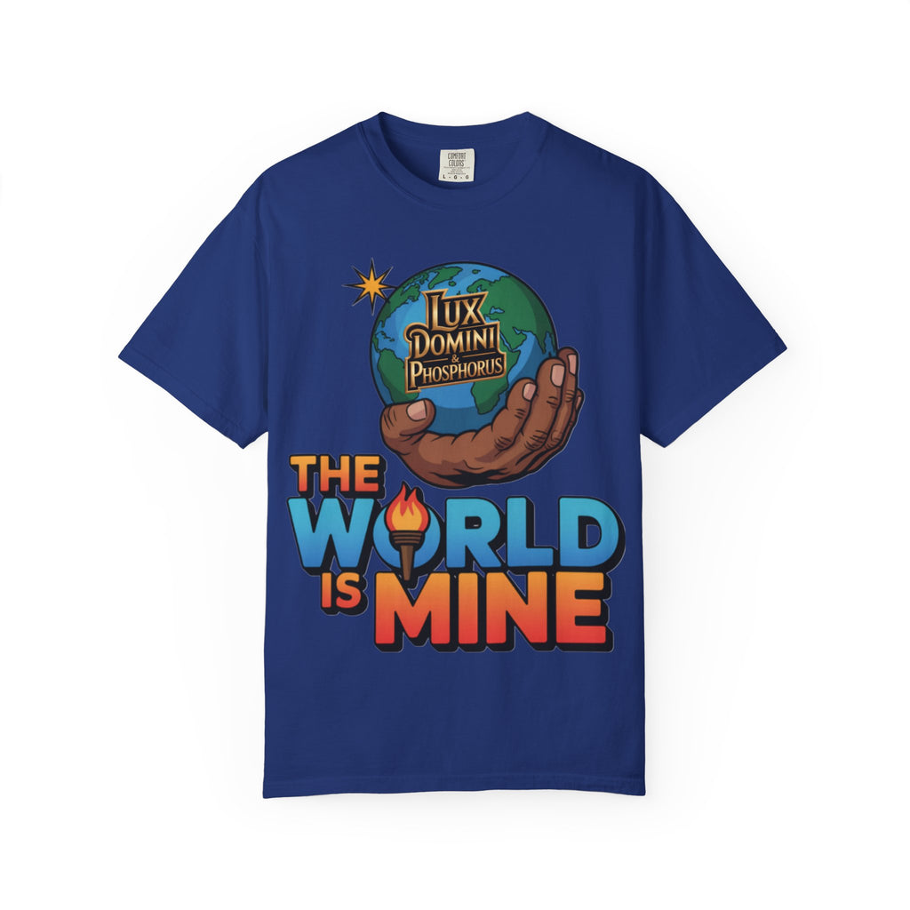 Unisex T-shirt Lux Domini and Phosphoros The World is Mine Design
