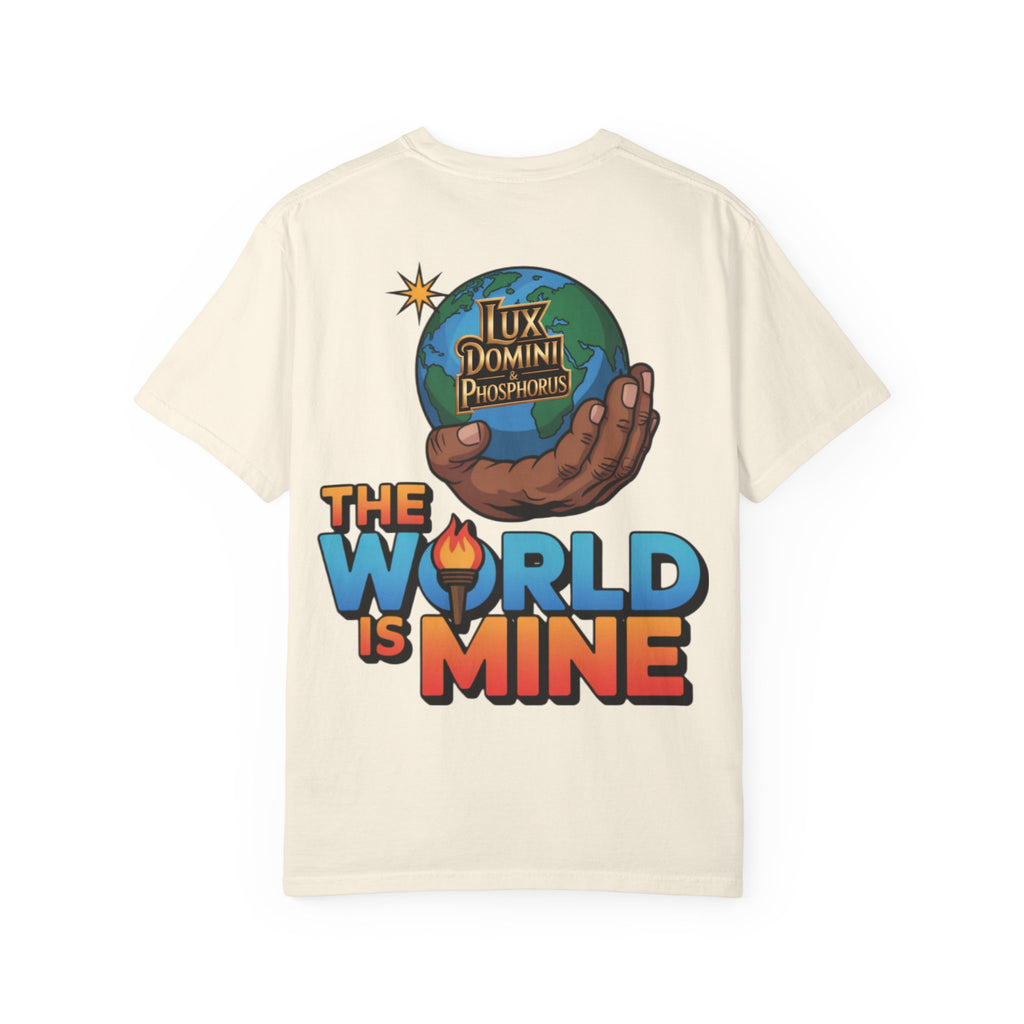 Unisex T-shirt Lux Domini and Phosphoros The World is Mine Design