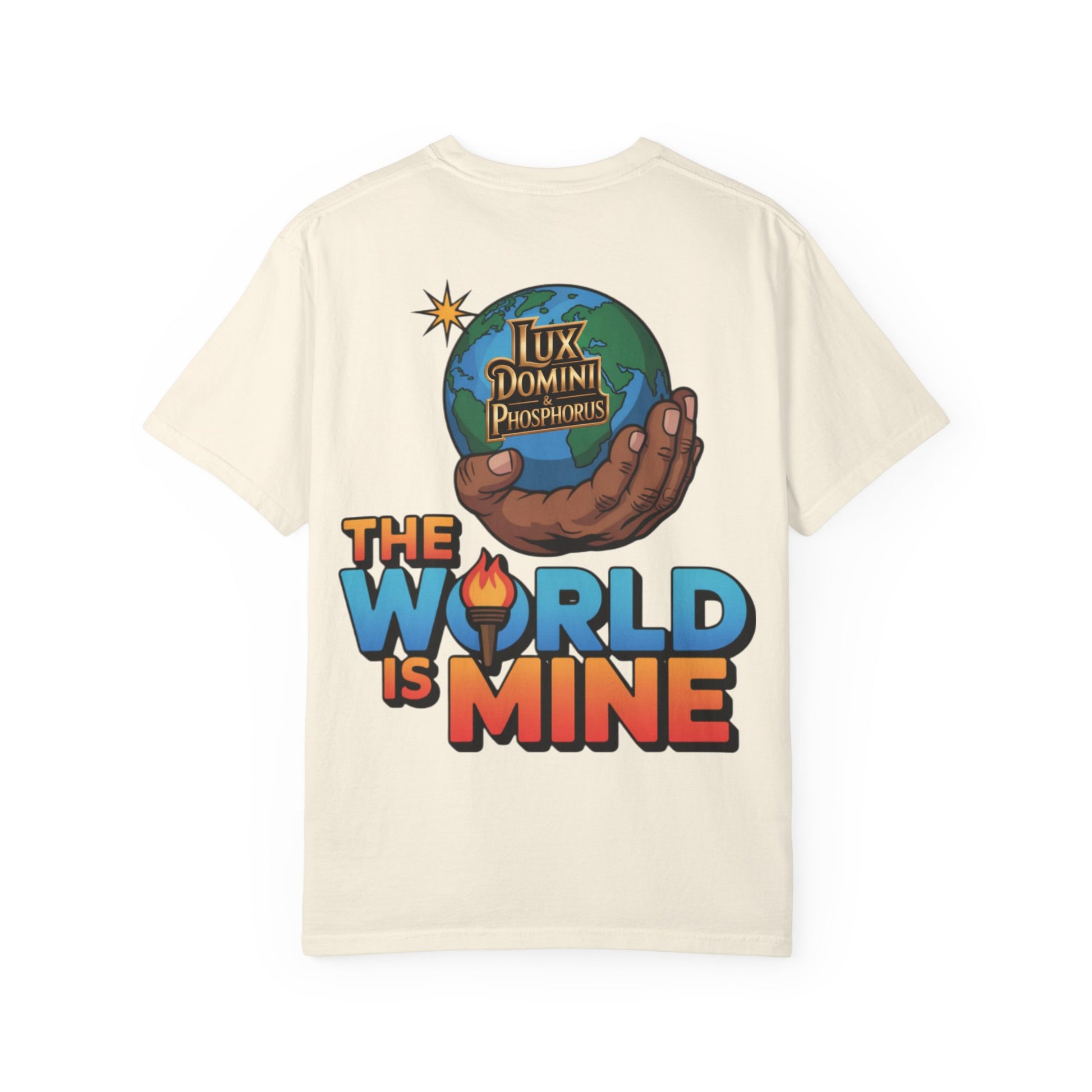 Unisex T-shirt Lux Domini and Phosphoros The World is Mine Design