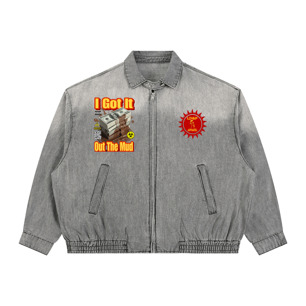 Unisex Vintage Wash Full-Zip Denim Jacket I got it out the mud LD&P APPAREL