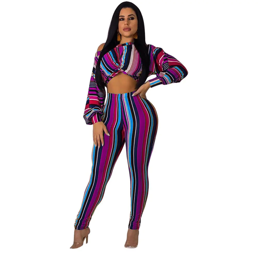 Style Loft Collection Bahama Bombshell Striped Long Crop Top and Leggings Two-Piece Set