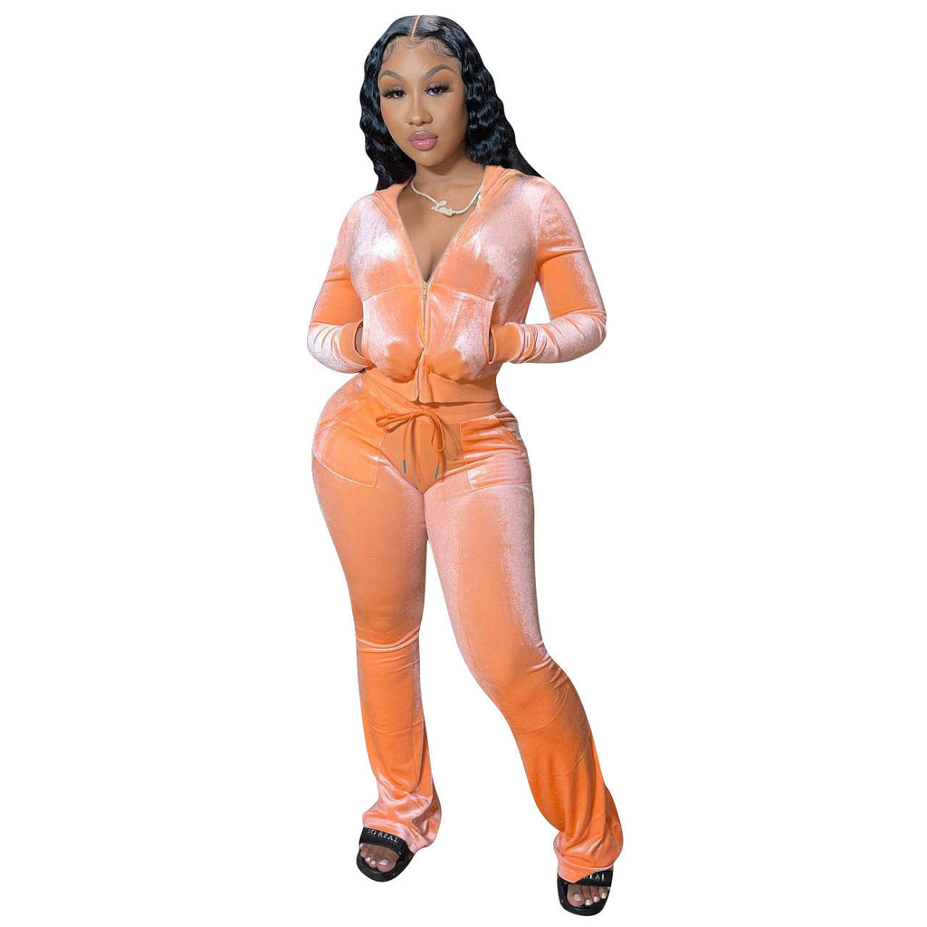 Women Clothing New Solid Color Gold Velvet Casual Hat Wide Leg Pants Two-Piece Set