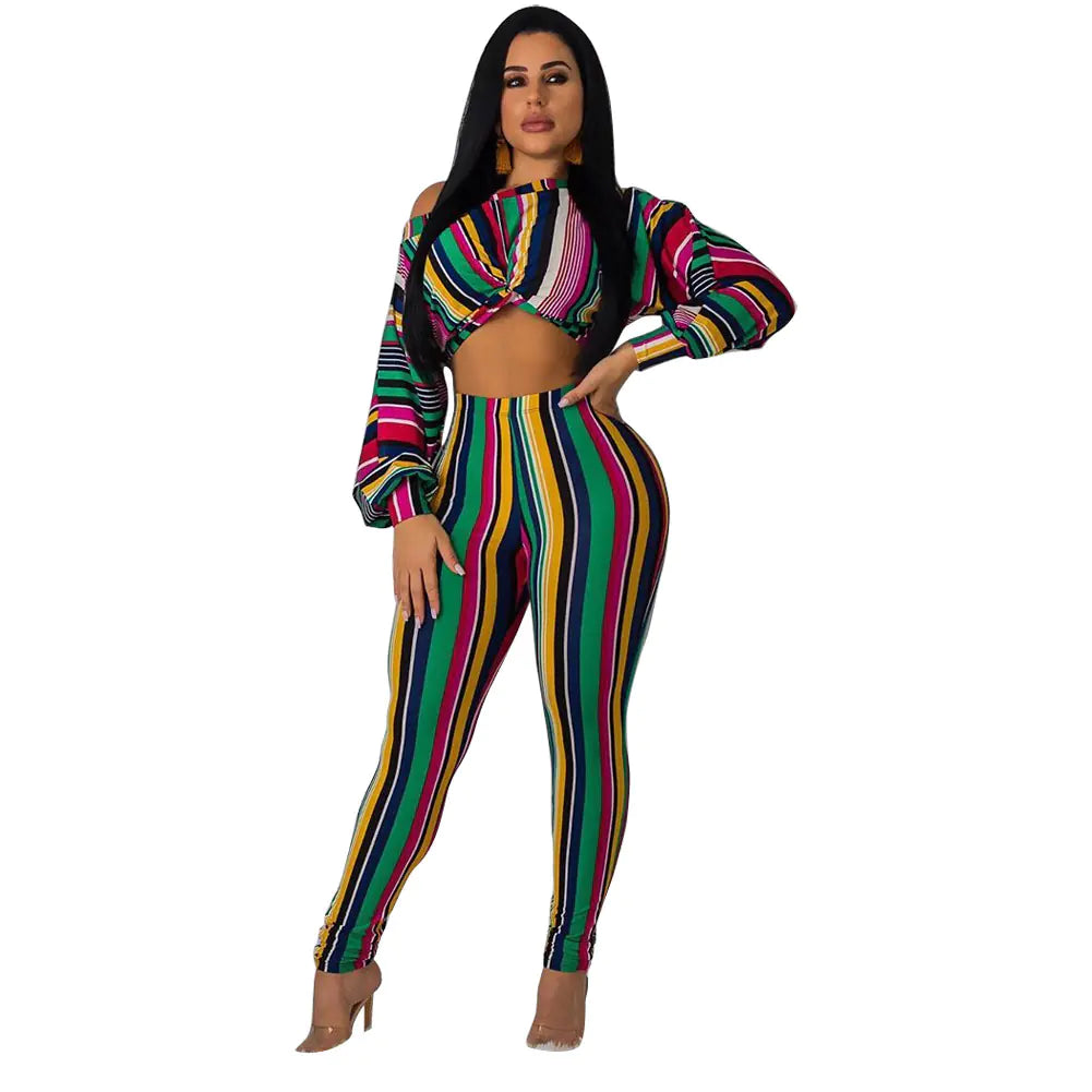 Style Loft Collection Bahama Bombshell Striped Long Crop Top and Leggings Two-Piece Set