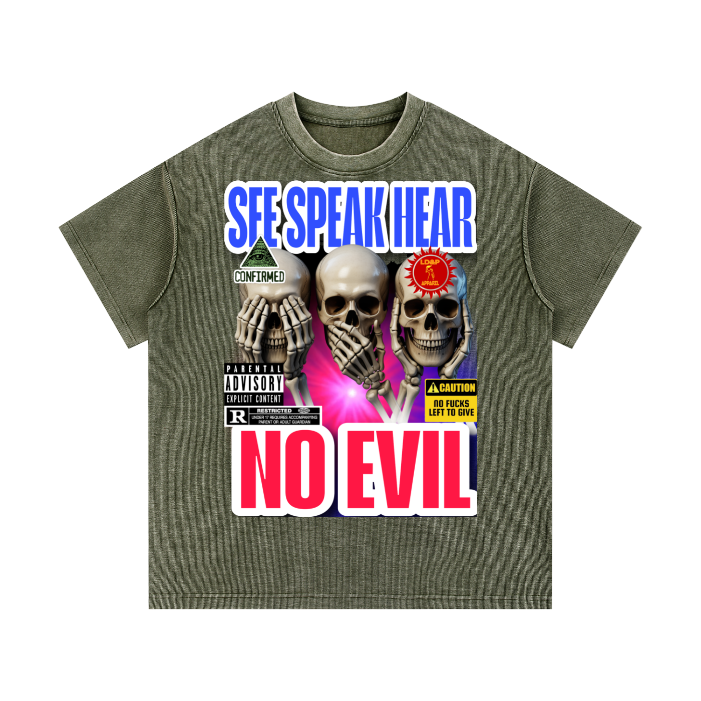 Mineral Wash Waffle Knit T-Shirt SEE SPEAK HEAR NO EVIL LD&P APPAREL