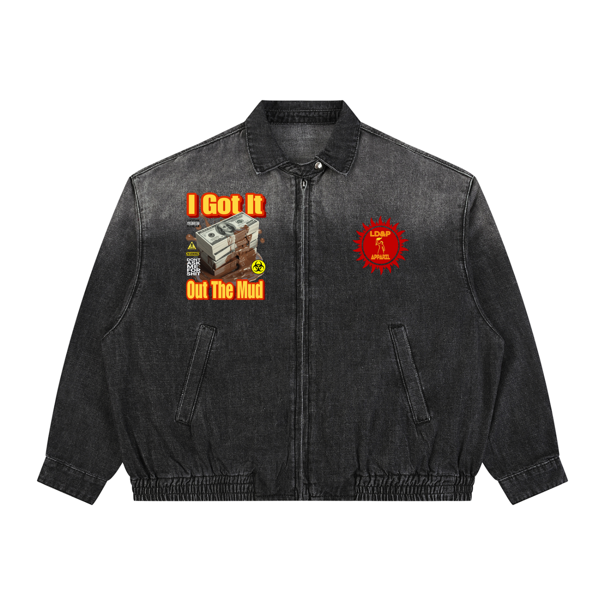 Unisex Vintage Wash Full-Zip Denim Jacket I got it out the mud LD&P APPAREL