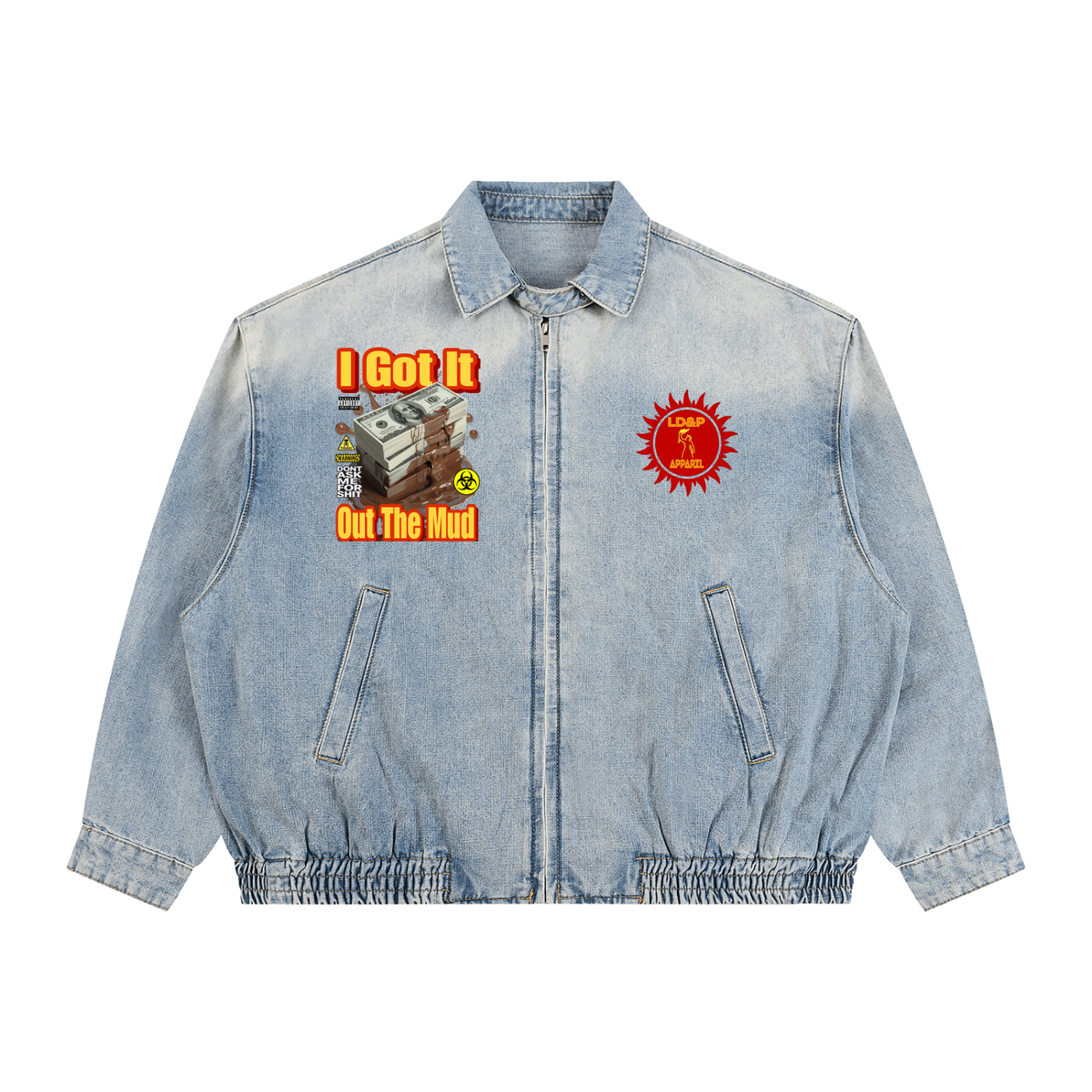 Unisex Vintage Wash Full-Zip Denim Jacket I got it out the mud LD&P APPAREL