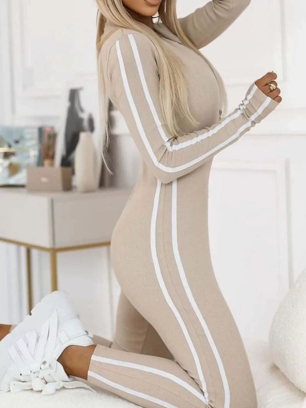 Full Size Stripe Zip-Front Long Sleeve Jumpsuit Plus Size