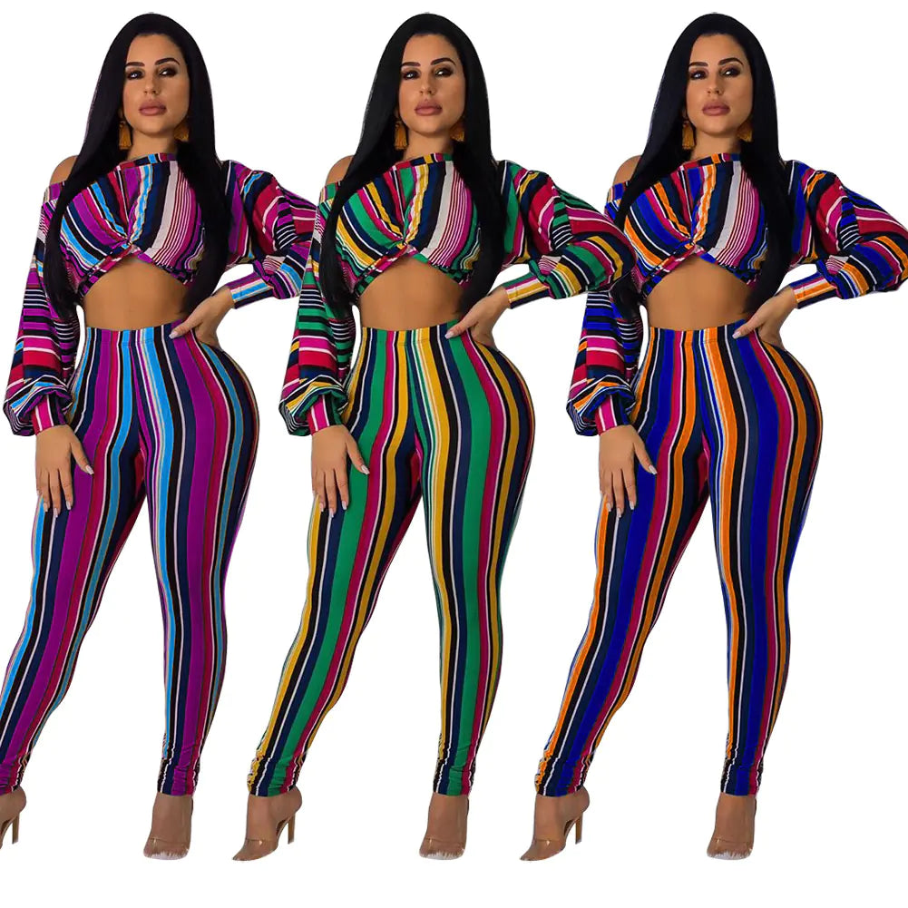 Style Loft Collection Bahama Bombshell Striped Long Crop Top and Leggings Two-Piece Set